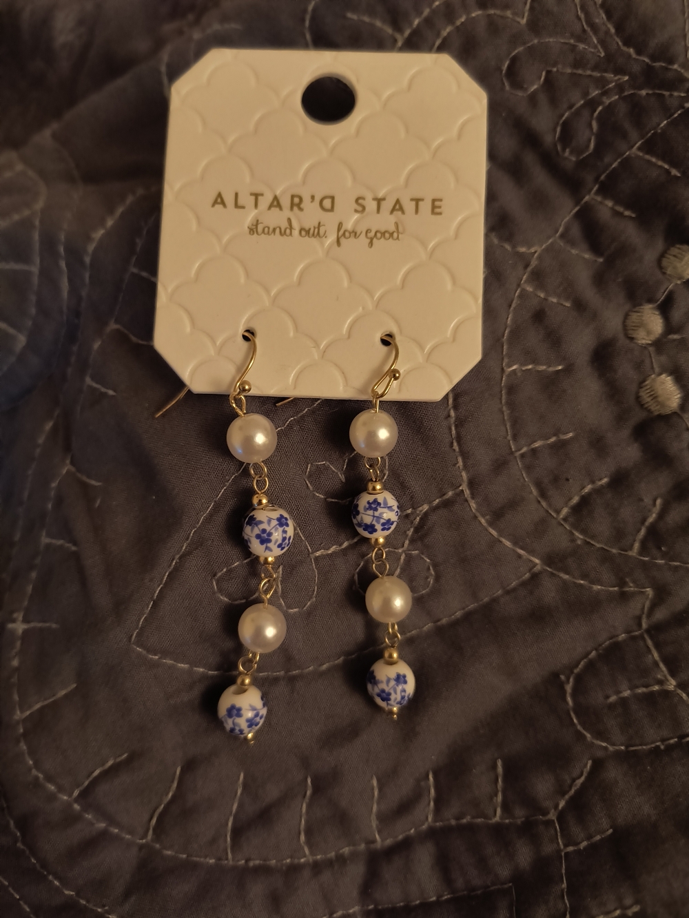 Altar'd State White Pearl and Blue Floral Drop Earrings